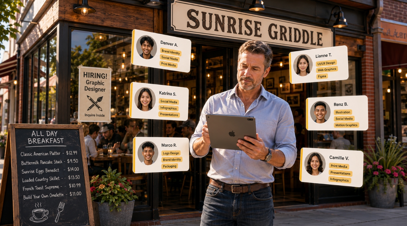 the business owner outside Sunrise Griddle restaurant holding an iPad with six floating Filipino designer profile cards around him, menu board, hiring poster on the window, and customers inside.