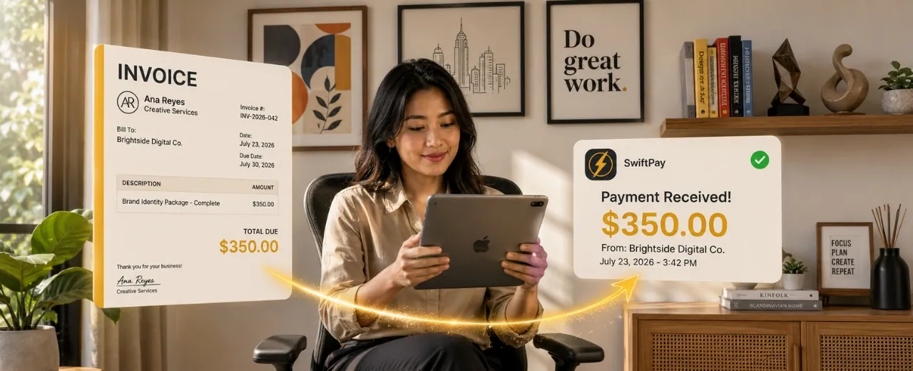 Filipino freelancer na nag-se-set up ng professional invoice para sa international client gamit ang laptop at invoicing software sa kanyang home office