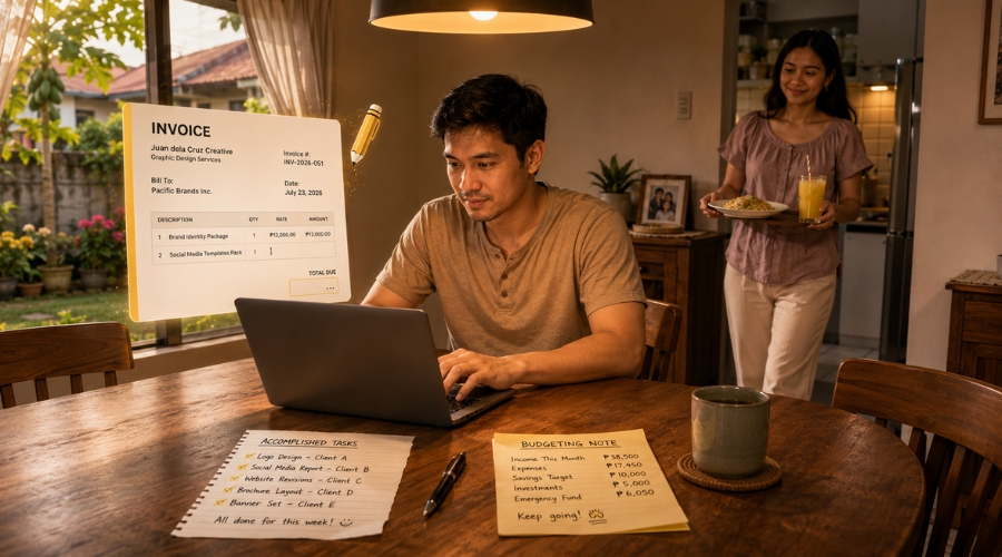 Filipino freelancer na nagsusulat ng professional invoice para sa international client na may laptop at notebook sa tabi na may listahan ng services at payment details