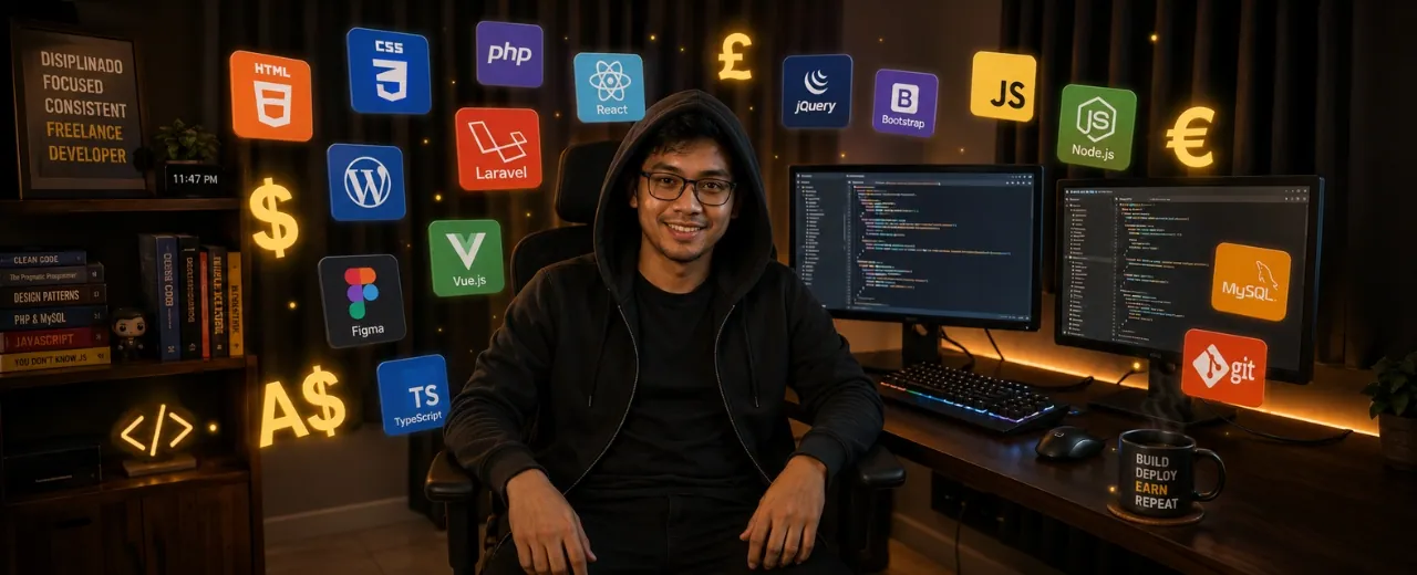 Filipino web developer in a dark hoodie sitting in an ergonomic chair facing the audience with a happy inviting expression surrounded by floating web development language badges including HTML CSS PHP Laravel WordPress React and jQuery with golden currency symbols and an L-shaped desk setup with two monitors facing away behind him and closed blackout curtains on the window