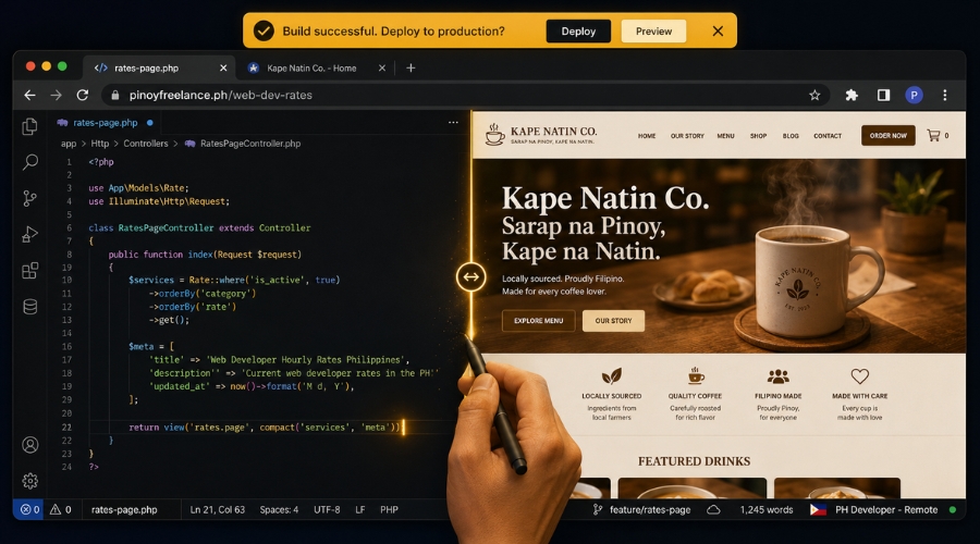Filipino web developer na nag-re-review ng rate table at pricing breakdown para sa iba't ibang web development specializations sa kanyang laptop