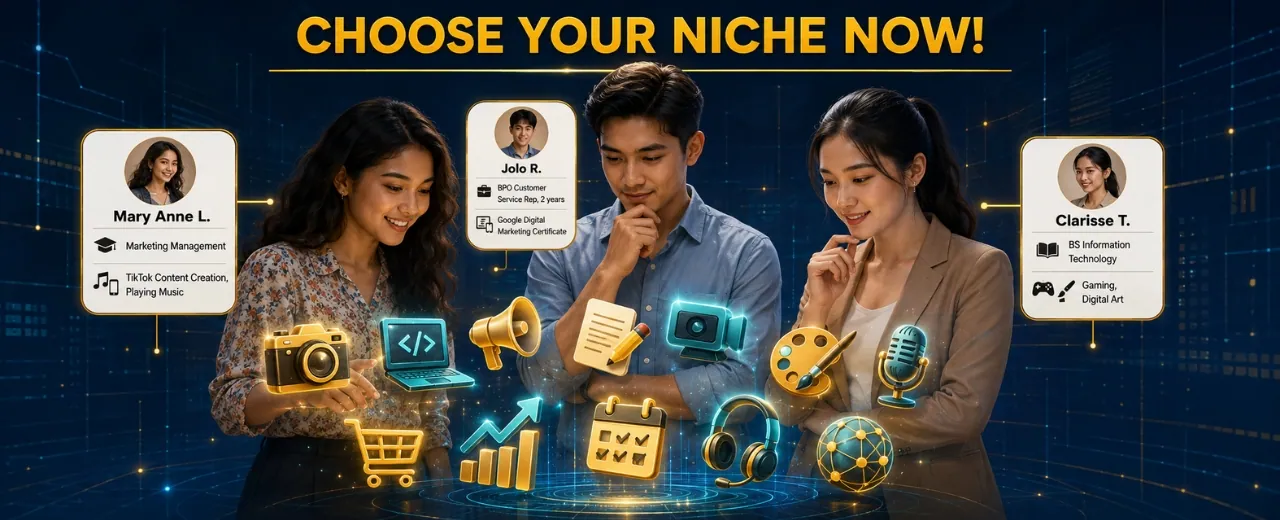 Three diverse Filipino freelancers with different backgrounds standing together thinking about their freelance niche with floating skill icons in front of them and individual profile cards showing their courses hobbies and work experience