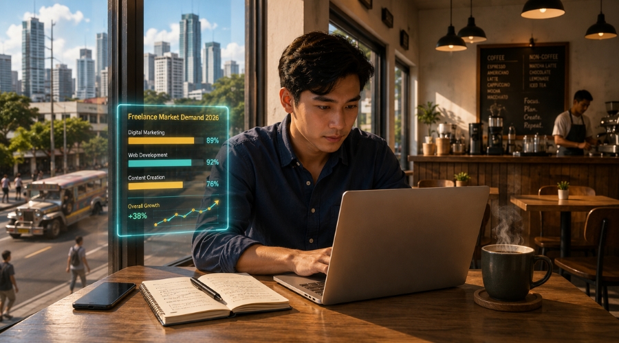 Filipino freelancer na nag-re-research ng market demand para sa kanyang potential freelance niche gamit ang laptop at notebook para sa decision framework