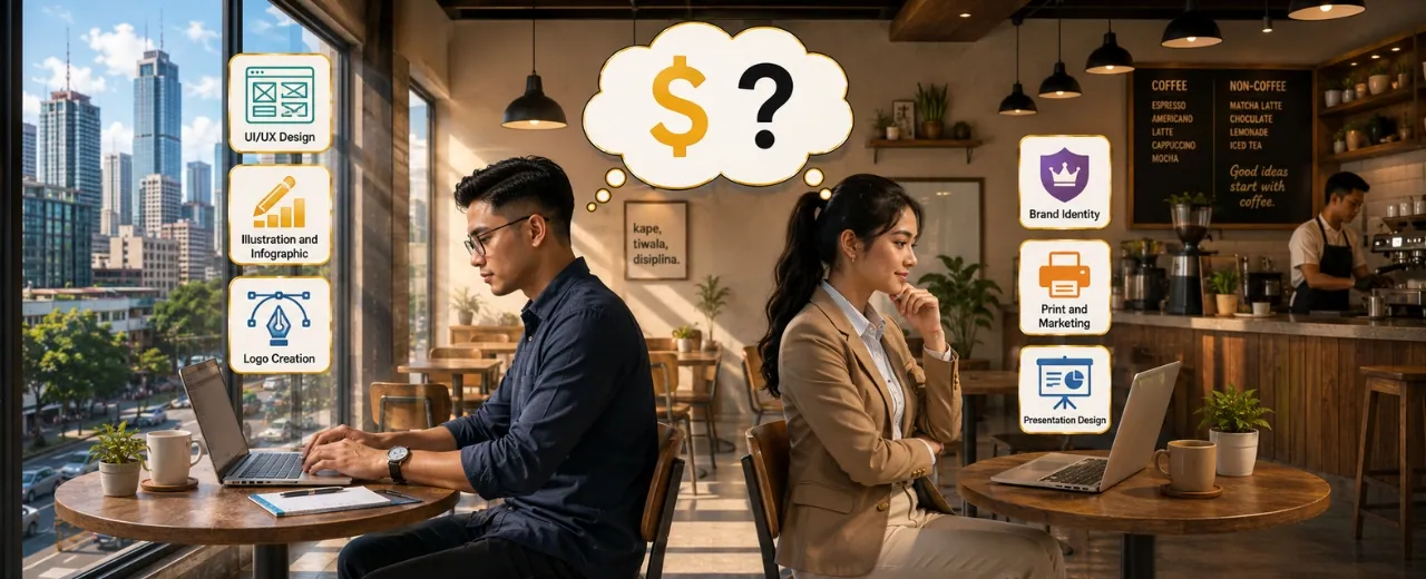 Filipino graphic designer reviewing rate cards and pricing for different design specializations on a laptop in a home office setup