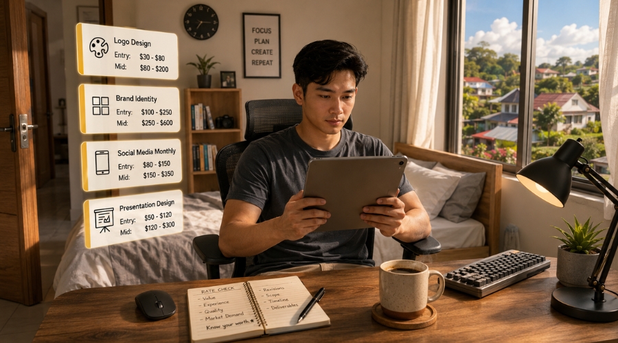 Filipino graphic designer sitting at a minimalist bedroom workspace holding a tablet with four floating rate comparison cards showing different graphic design project pricing
