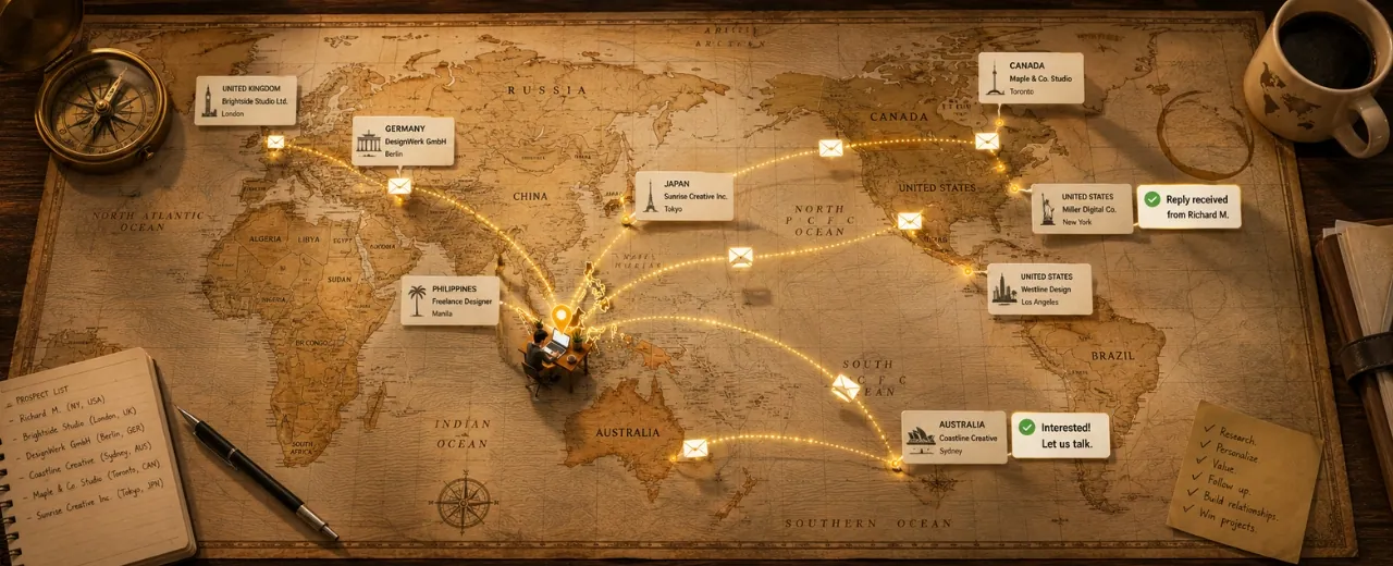 Aerial view of a vintage world map with golden flight path arcs connecting the Philippines to international clients in the US UK Australia Canada Germany and Japan representing Filipino freelancer cold email outreach