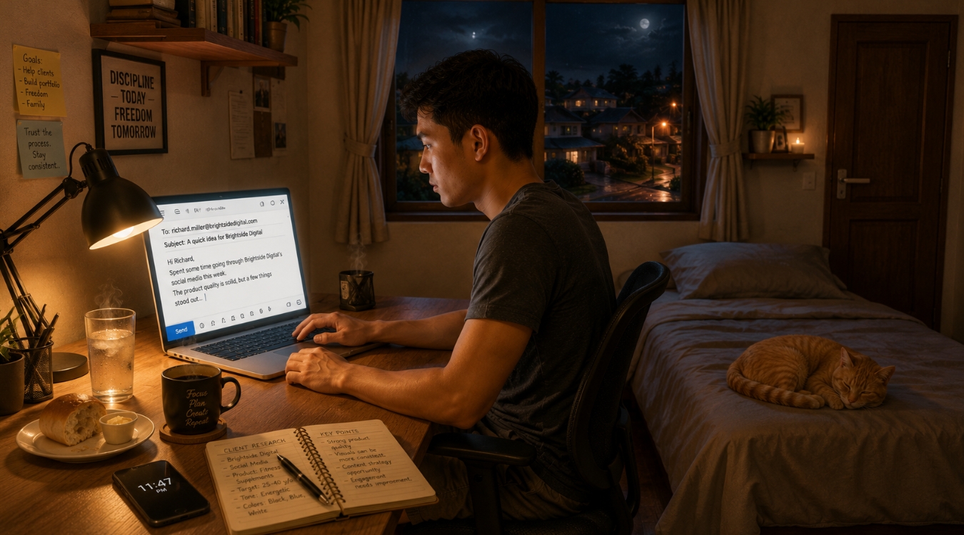 Filipino freelancer in side view working late at night composing a cold email on his laptop in a combined bedroom home office with a sleeping cat on the bed and village view outside the window