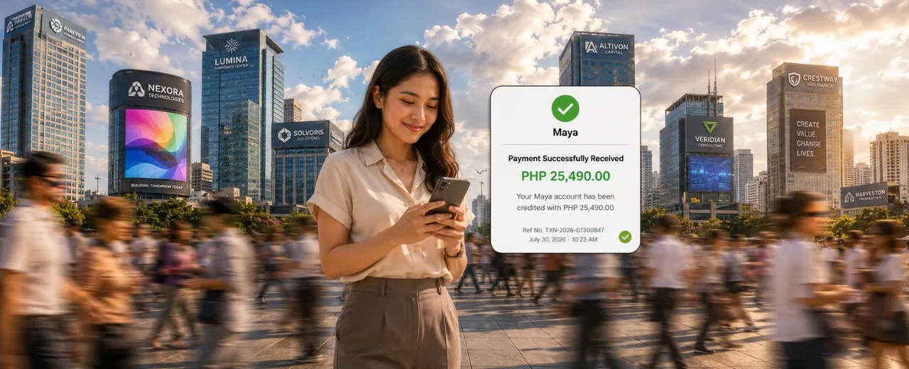 Filipina freelancer standing confidently in an open urban plaza surrounded by motion blur crowd checking her phone with a Maya payment notification showing PHP 25490 and Philippine city skyscrapers in the background