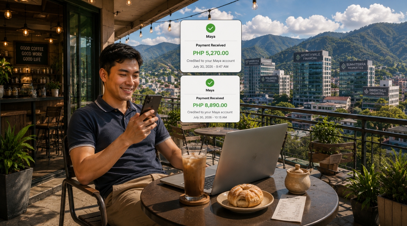 Filipino freelancer on a coffee shop alfresco balcony checking his phone with two Maya payment notifications showing PHP 5270 and PHP 8890 with his laptop and iced coffee on the table and city mountain view behind him