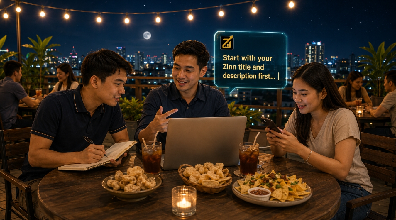Filipino Zinner teaching two aspiring Filipino freelancers how to create their first Zinn listing on a restaurant rooftop at night with chicharon and drinks on the table and city nightlife view in the background