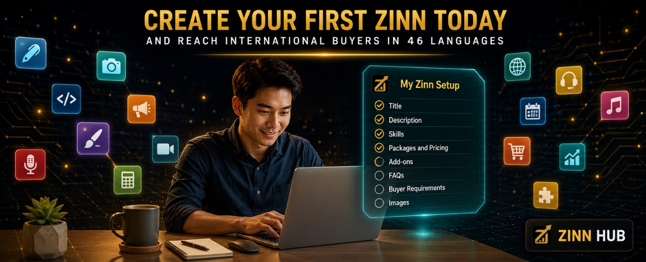 Filipino freelancer creating his first Zinn Hub listing on a laptop surrounded by floating niche icons and a holographic checklist showing completed setup steps in a digital technology workspace