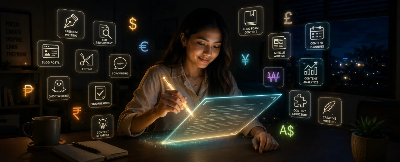Filipina content writer in a dim home office writing on a glowing holographic paper with a digital stylus pen surrounded by floating content writing service icons and international currency symbols