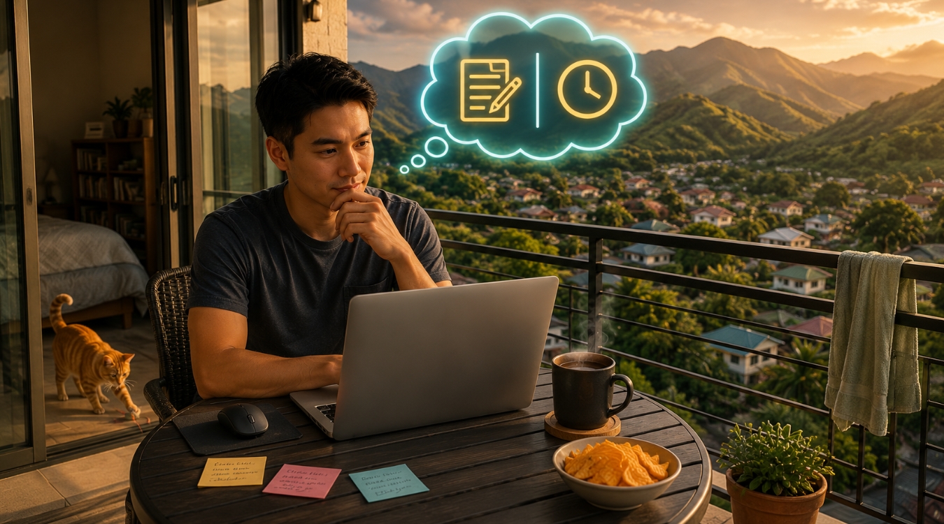 Filipino content writer on his bedroom balcony thinking about per word per article and hourly rate options with a digital thinking bubble above his head coffee and chips on the table and mountain village view in the background