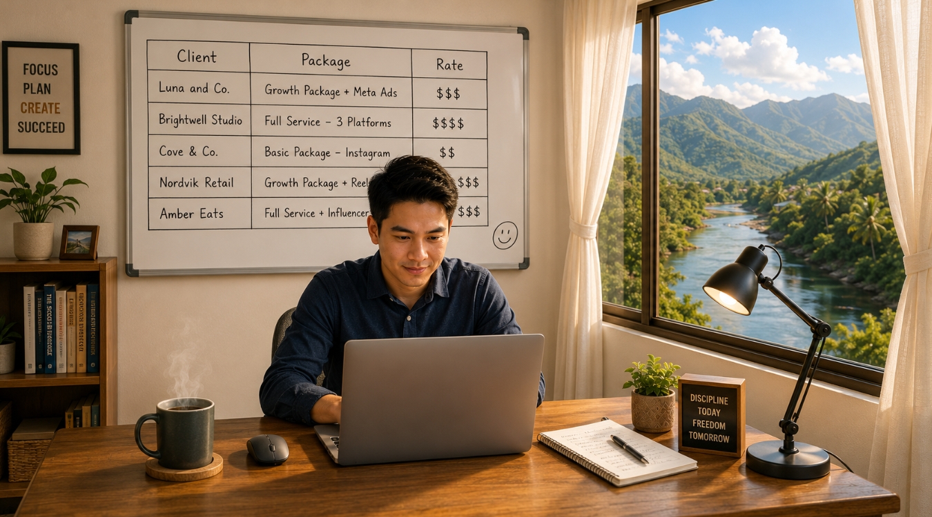 Filipino SMM freelancer working at his home office desk with a whiteboard behind him showing five active clients and their SMM package tiers with dollar sign rate indicators and a river and mountain view through the window