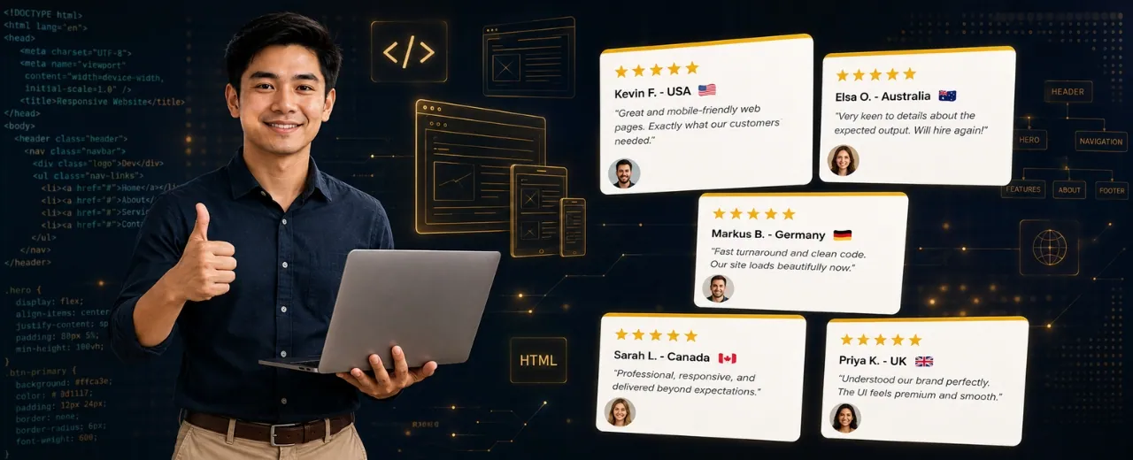Young Filipino web developer standing confidently holding his laptop with a thumbs up while five international client testimonial cards from the USA Australia Germany Canada and UK float beside him against a dark digital web development background