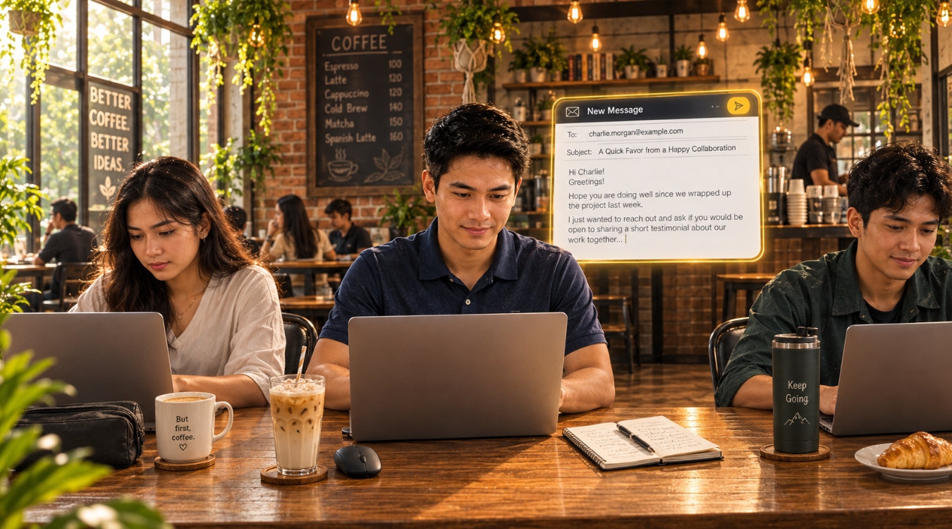 Three Filipino freelancers working side by side at a long communal table inside an aesthetic Philippine coffee shop with the main subject composing a testimonial request message to a client with a floating message window visible beside him
