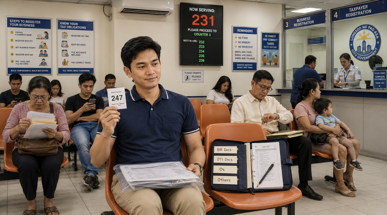 Filipino freelancer sitting calmly in a government service center waiting area holding queue number 247 with a perfectly organized document folder tabbed with BIR Docs DTI Docs IDs and Others while other unprepared visitors sit around him