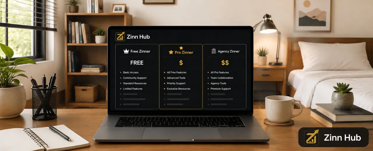 Clean laptop screen showing a fictional Zinn Hub pricing comparison table with Free Pro and Agency Zinner tiers in a minimalist Filipino bedroom home office with the Zinn Hub logo visible on screen and off screen