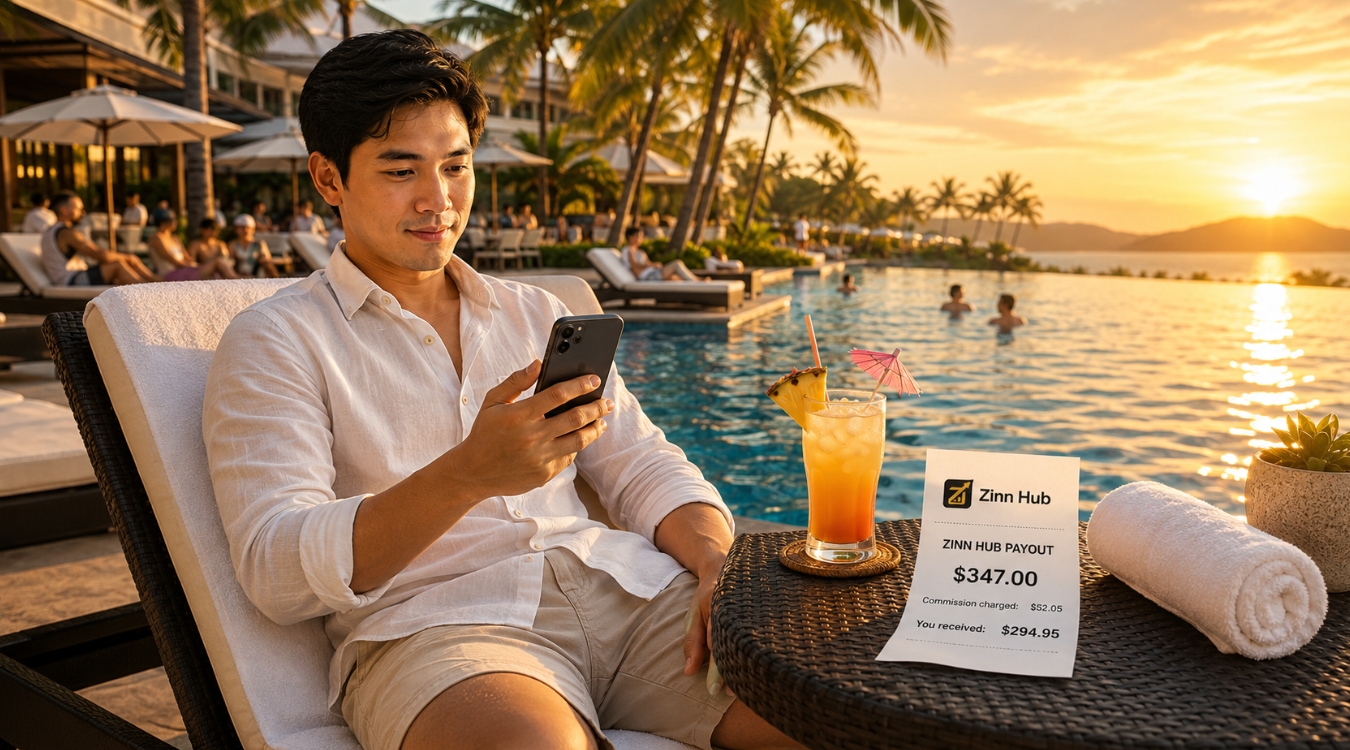 Filipino freelancer relaxing at a resort poolside in golden afternoon light with a printed Zinn Hub payout receipt showing earnings beside a tropical drink on the side table