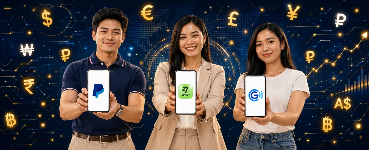 Three Filipino freelancers in preppy corporate and casual outfits confidently showing blank smartphone screens toward the viewer surrounded by floating currency symbols against a dark fintech background