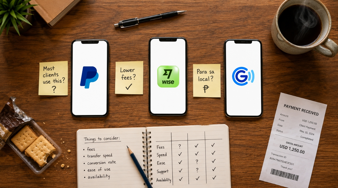 Top-down flat lay of three smartphones with blank white screens on a wooden desk with sticky notes labeled Most clients use this Lower fees and Para sa local surrounded by notebook coffee and biscuits