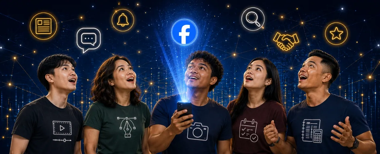 Five diverse Filipino freelancers amazed at holographic smartphone projection with blank Facebook logo placeholder surrounded by freelancing activity icons against social media themed background