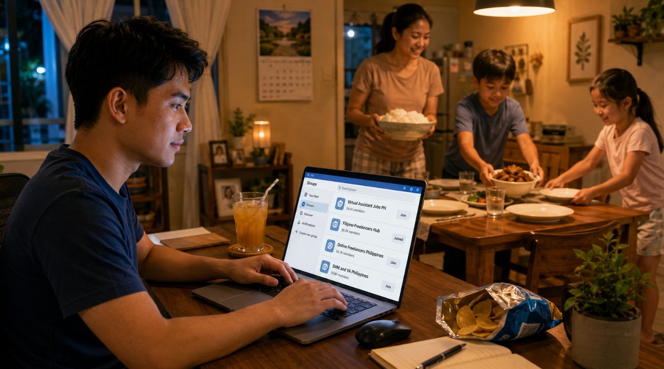 Filipino freelancer in side view at home desk browsing fictional Facebook freelancer groups on laptop screen while family prepares dinner with rice adobo and plates in warm background