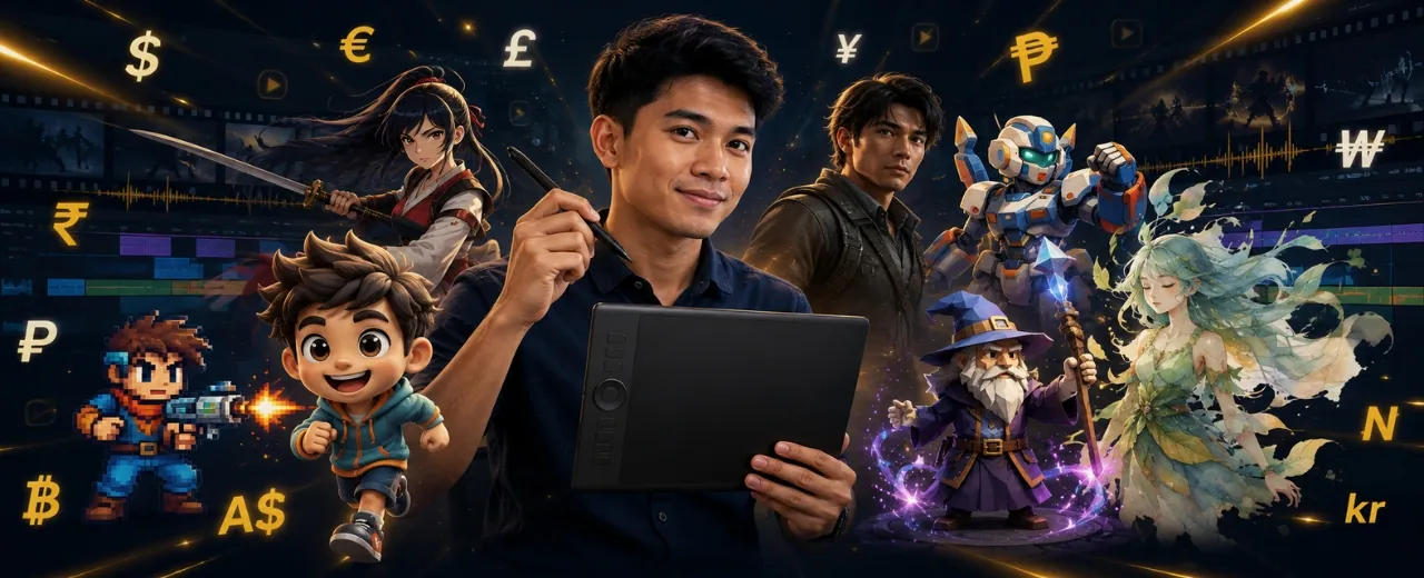 Filipino video editor holding a flat black pen tablet surrounded by seven fictional animated characters in different styles including pixel art CGI anime and watercolor with floating currency symbols against a dark video production background