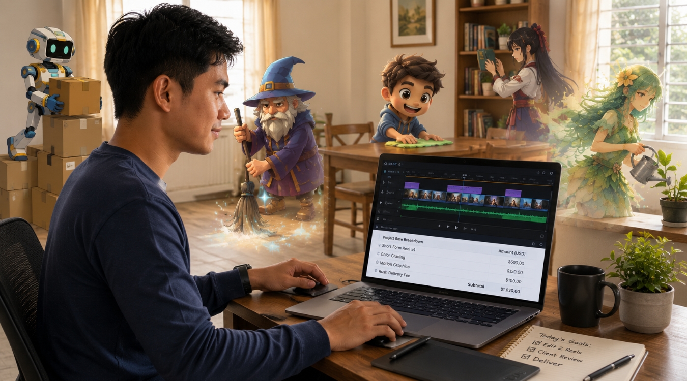 Filipino freelancer in side view at desk with laptop screen showing fictional video editing timeline and rate breakdown while animated characters do house chores in the background including a robot lifting boxes a wizard sweeping and a CGI character wiping a table