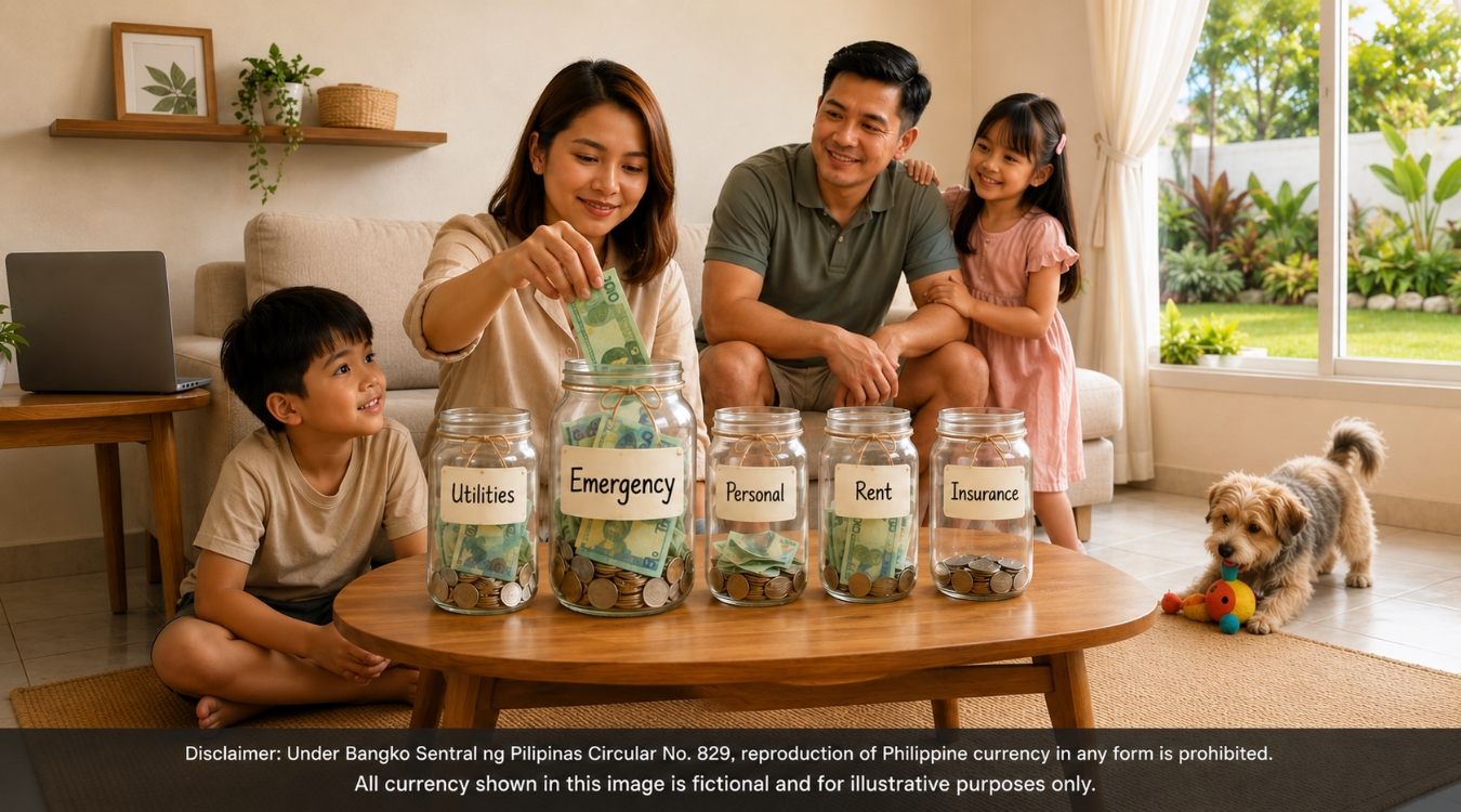 Filipina freelancer placing fictional bill into Emergency glass jar on coffee table while husband son and daughter watch warmly with a playful dog beside the daughter in a modern Filipino living area