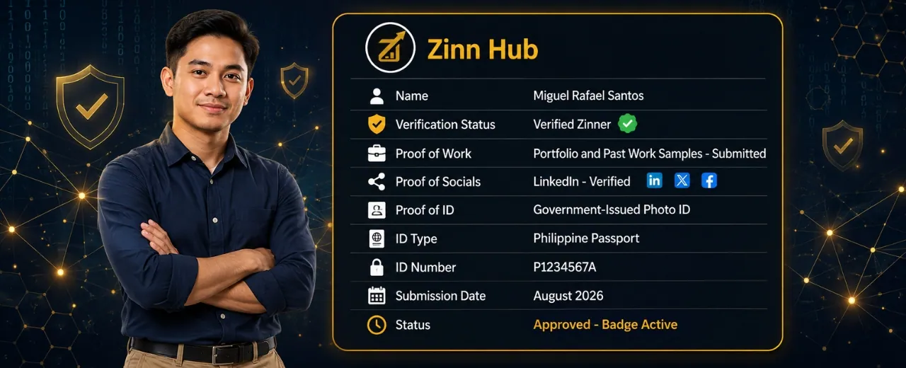 Confident Filipino freelancer with arms crossed beside a fictional Zinn Hub verification profile card showing verified status proof of work socials and ID fields against a dark digital security background