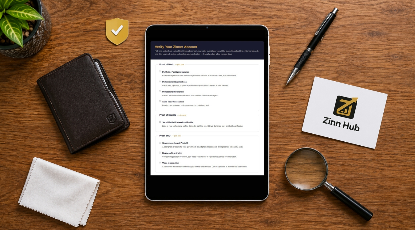 Top-down view of modern office desk with portrait iPad showing blank transparent screen surrounded by ID wallet mechanical pen Zinn Hub printed card magnifying glass and golden checkmark badge