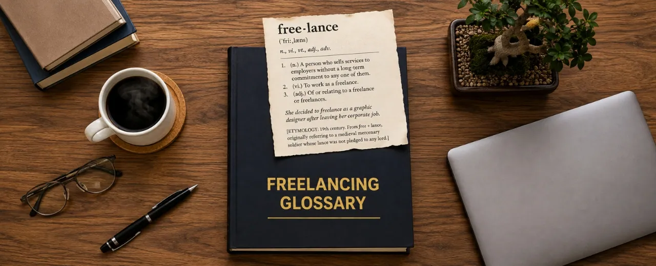 Top-down flat lay of modern walnut desk with dark navy Freelancing Glossary book and torn dictionary cut-out paper showing Freelance definition with phonetic notation parts of speech and etymology surrounded by coffee mug bonsai tree closed laptop pen and reading glasses