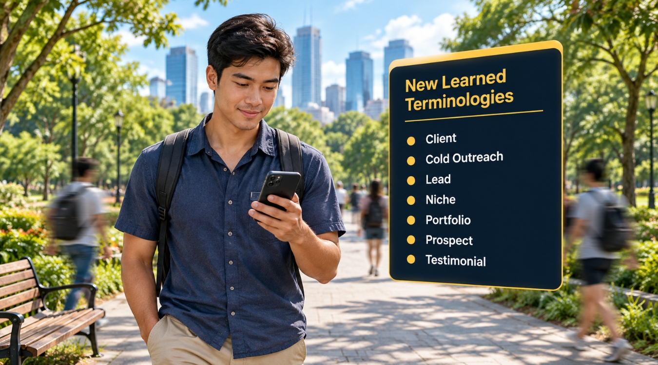 Filipino freelancer walking at urban park holding smartphone with screen facing away beside floating dark navy card listing seven new learned freelancing terminologies with motion-blurred park visitors and Philippine cityscape in background