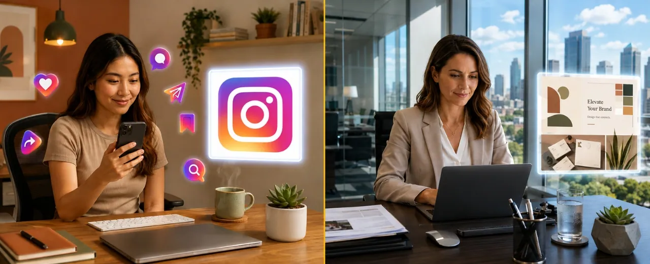 Filipina freelancer in home office using smartphone with screen facing away beside glowing Instagram placeholder and floating activity icons while US client in high-rise glass office reviews floating graphic design work on MacBook