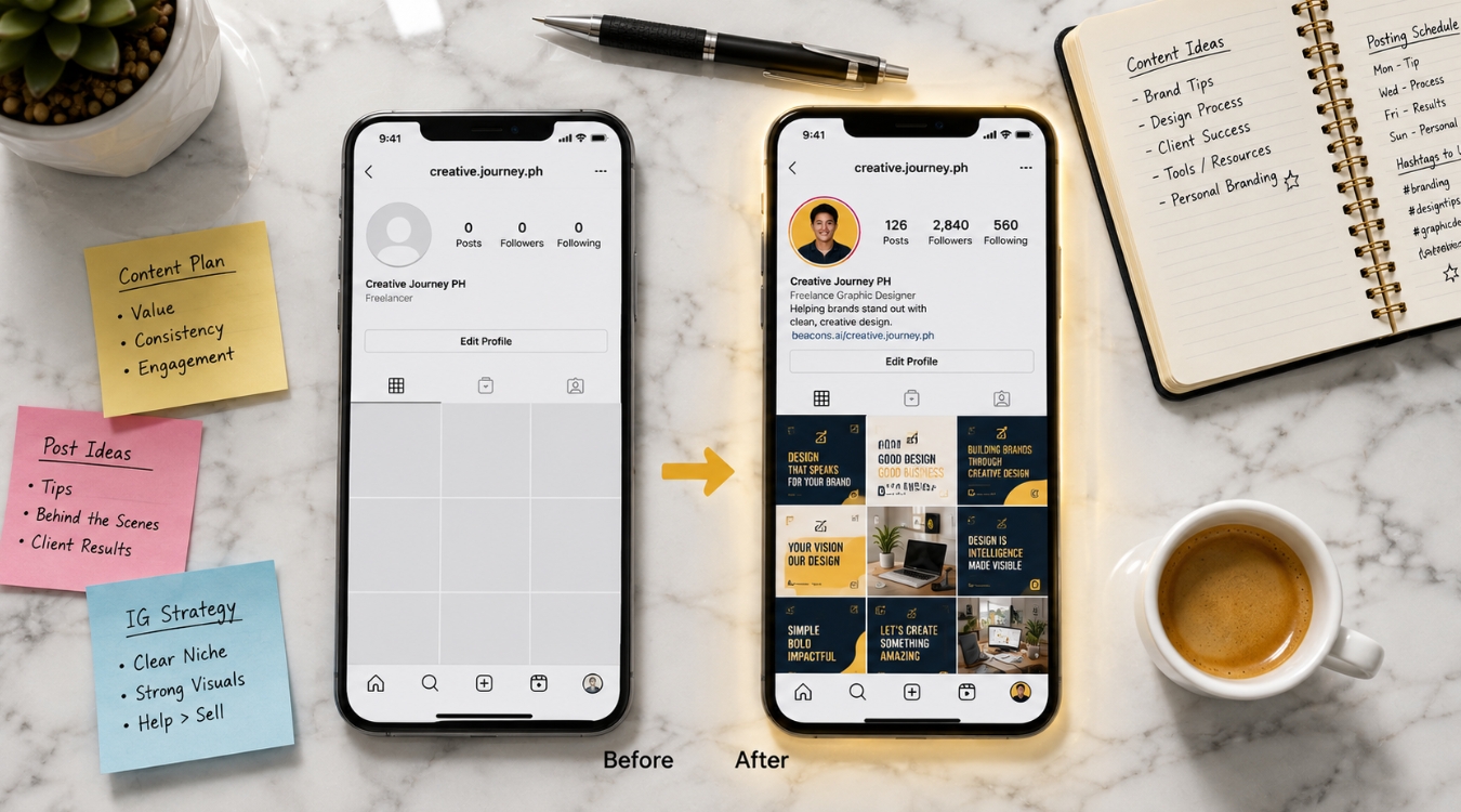 Top-down flat lay of two smartphones on white marble showing fictional social media profile transformation from empty undeveloped profile to active curated profile with golden arrow between them surrounded by notebook sticky notes pen and espresso cup