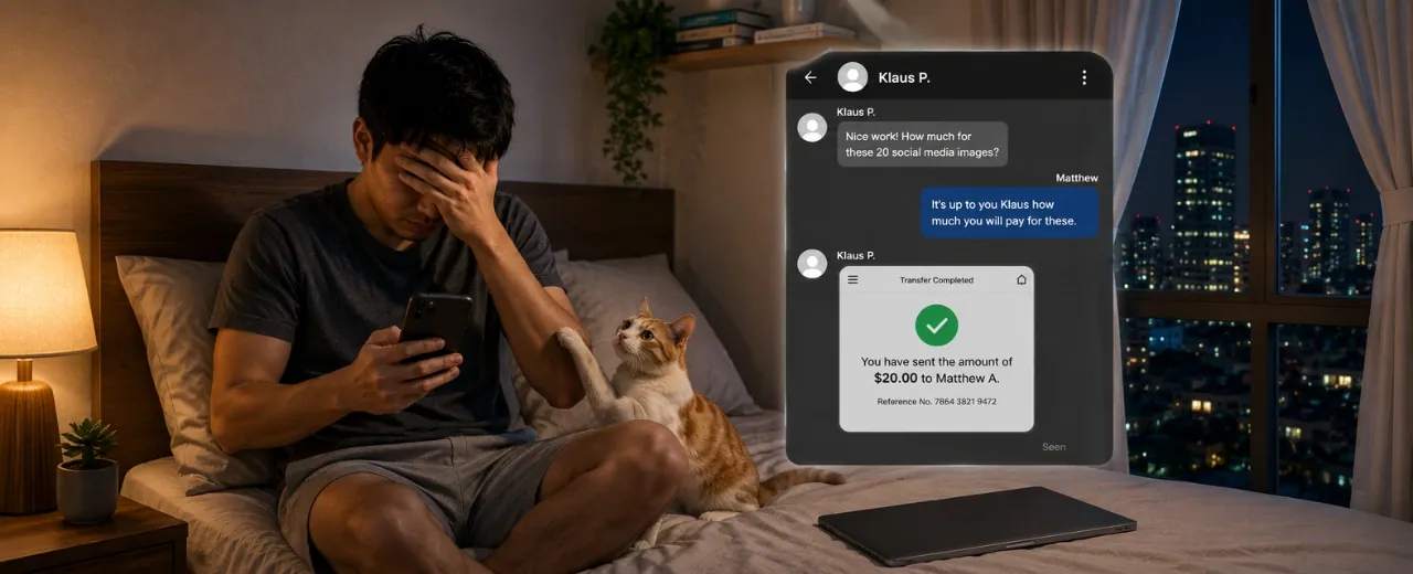 Filipino freelancer doing face palm on bed holding smartphone after receiving $20 payment for 20 social media images from client Klaus P. in chat window while cat tries to play beside him with city night view through bedroom window