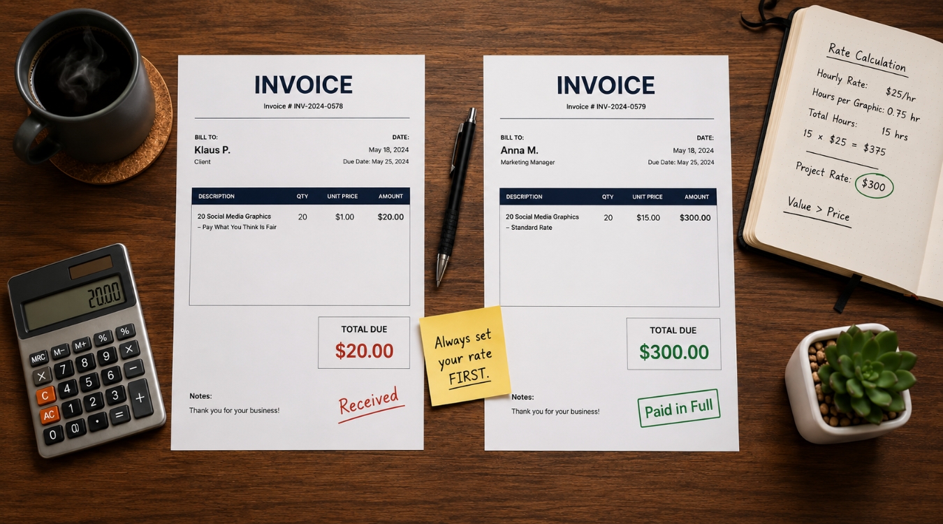 Top-down comparison of two invoices showing same 20 social media graphics work priced at $20 for pay what you think is fair versus $300 for fixed rate with sticky note reading always set your rate first on walnut desk