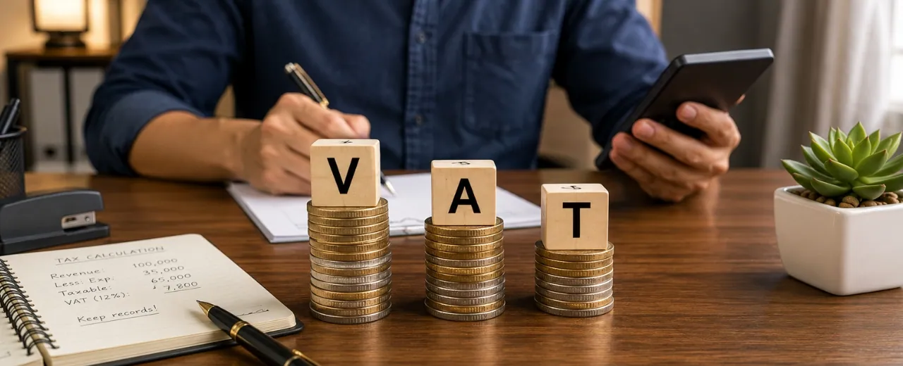 3D semi-realistic rendered three stacked coin columns spelling VAT with wooden letter blocks on home office desk with blurred Filipino freelancer calculating taxes in background using calculator and writing notes