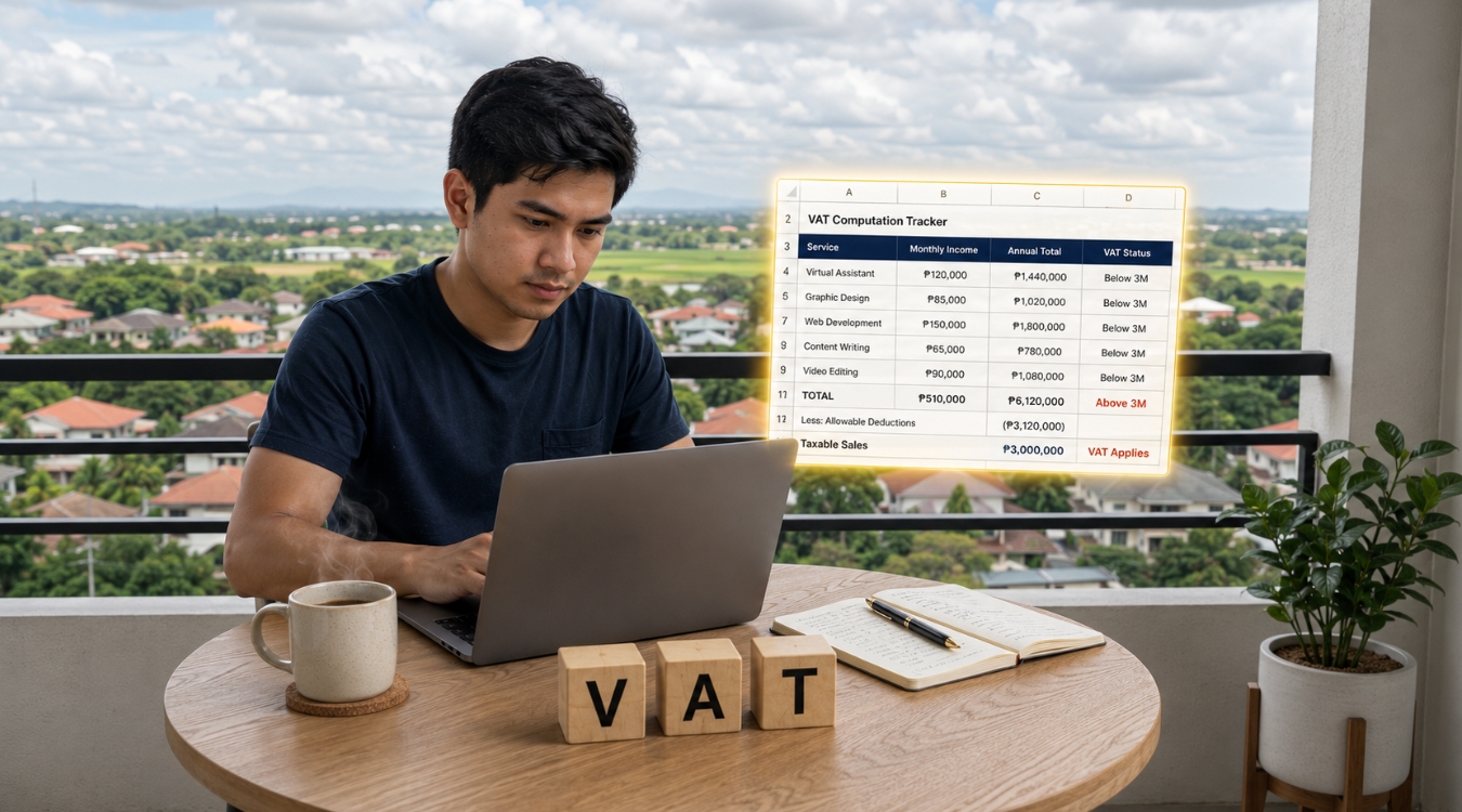 3D semi-realistic rendered Filipino freelancer working on laptop at minimalist bedroom balcony with VAT letter blocks on table and floating spreadsheet window beside him against slightly cloudy Philippine village and field daytime landscape