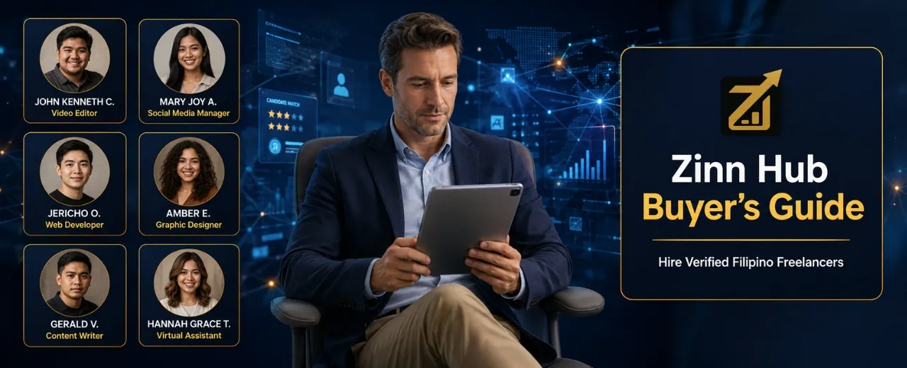 3D CGI realistic Western male buyer sitting on ergonomic office chair holding iPad with screen facing away reviewing six Filipino freelancer profile cards showing John Kenneth C. Mary Joy A. Jericho O. Amber E. Gerald V. and Hannah Grace T. with Zinn Hub Buyer's Guide title card on right against digital technology background