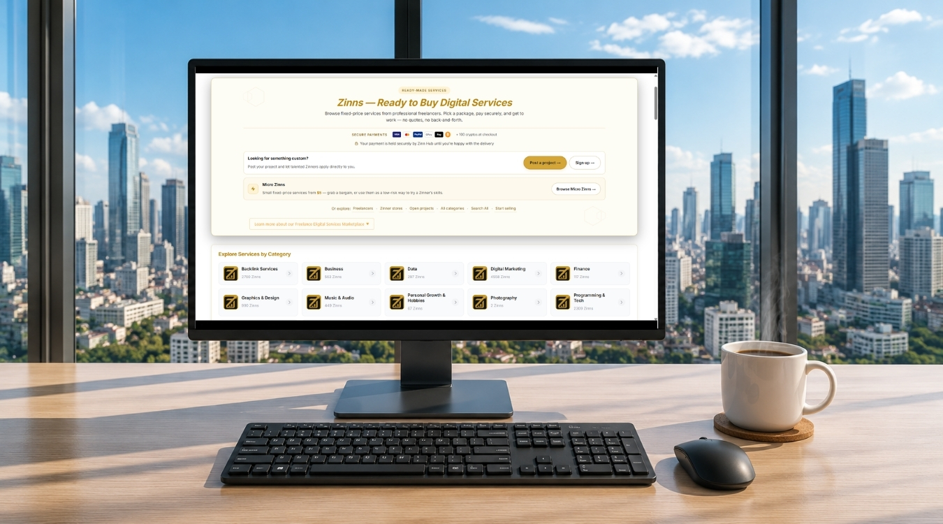 3D CGI realistic desktop LED monitor with transparent screen on clean office table with keyboard mouse and coffee cup on coaster against floor-to-ceiling glass window with daytime city view