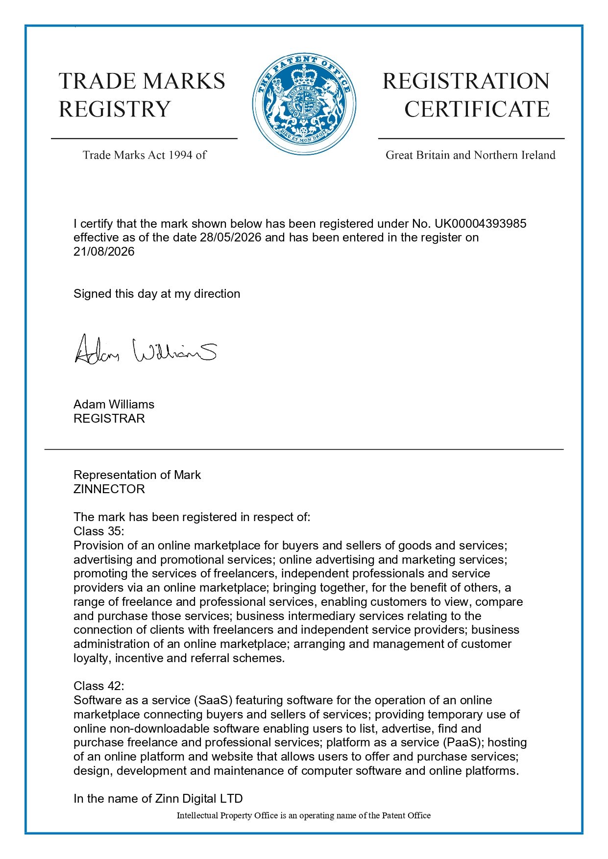 Zinnector registered UK trademark certificate issued by the Trade Marks Registry of Great Britain and Northern Ireland confirming Zinnector as an official registered trademark of Zinn Hub