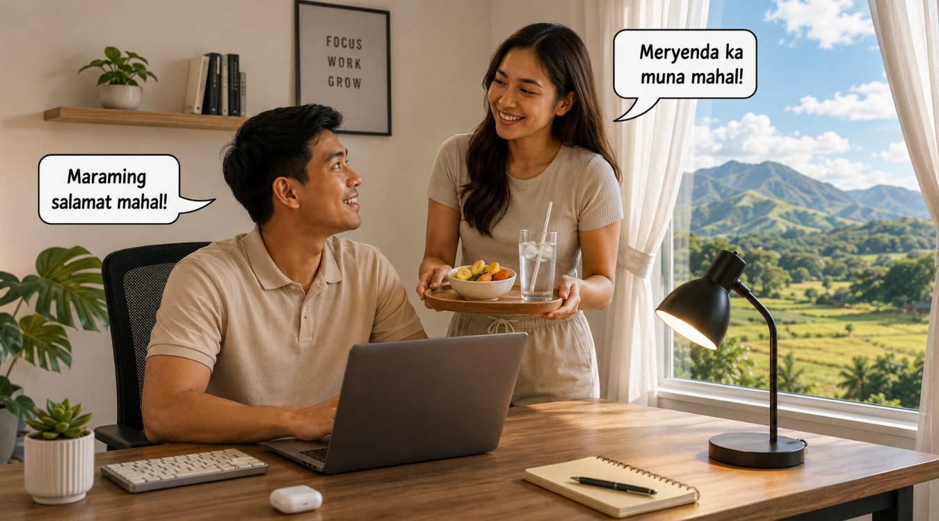 Filipino freelancer in side view at home office desk with laptop screen facing away turning to wife presenting healthy snack and water on tray with Meryenda ka muna mahal and Maraming salamat mahal dialogue bubbles and Philippine field and mountain view through window