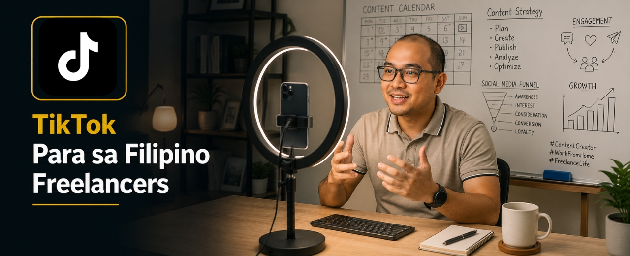 Top-down flat lay of TikTok content creation setup on dark matte desk with smartphone on phone stand ring light from above open content planning notebook golden sticky notes coffee mug succulent and wireless earphones
