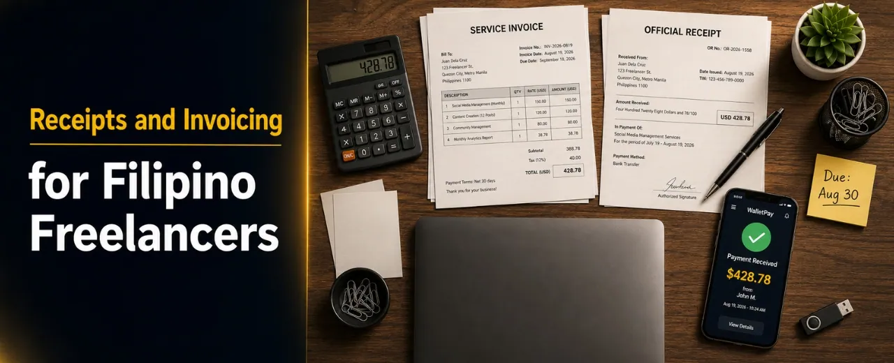 Top-down flat lay of BIR service invoice and official receipt documents beside closed laptop smartphone showing fictional payment received notification of $428.78 calculator sticky note and paper clips on warm walnut desk with dark headline panel on left