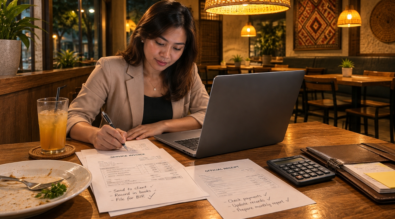 Faceless Filipina financial specialist working on invoices and tax documents at cozy Filipino restaurant corner table with amber pendant lighting laptop calculator and document folder on wooden table