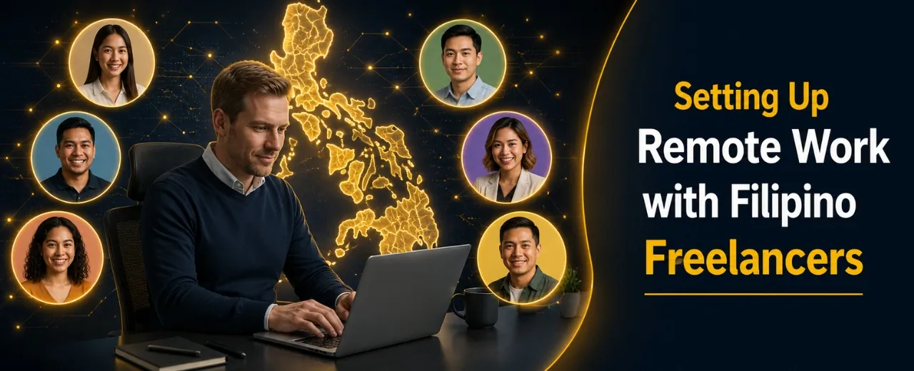 British male buyer working on laptop surrounded by six circular Filipino freelancer profile frames against glowing Philippine map and digital technology background with Setting Up Remote Work with Filipino Freelancers headline on right panel