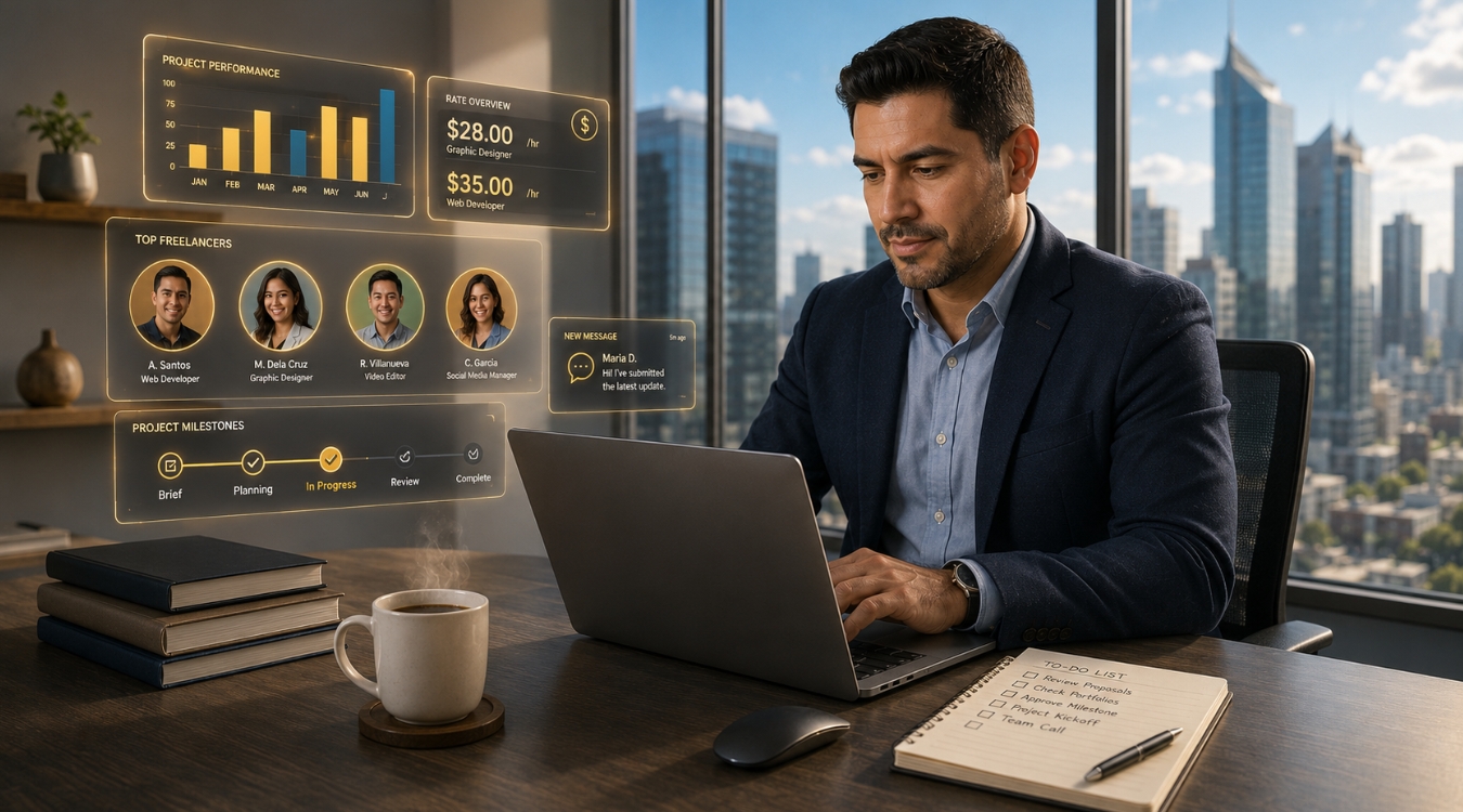 Hispanic male buyer at minimalist office desk with laptop screen facing away reviewing floating holographic Filipino freelancer profiles graphs and rates with coffee to-do list and books and stunning city view through floor-to-ceiling glass windows