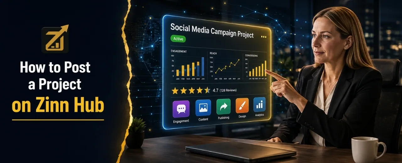 White European female client pointing at holographic Zinn Hub Social Media Campaign project card with dashboard charts review stars and generic social media icons against digital technology background